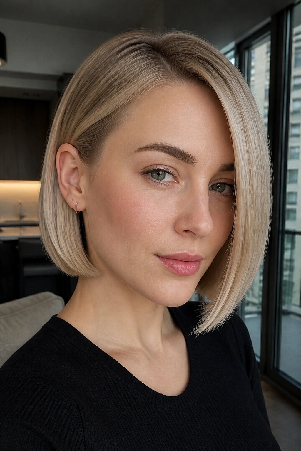 Portrait of a real woman with a sleek glass bob tucked behind the ear in a modern setting.