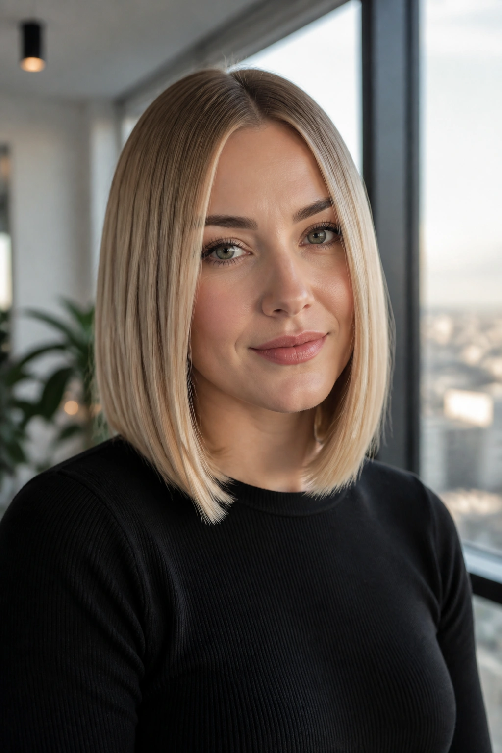 Close-up of a woman with a sleek glass-hair lob, straight and shiny.