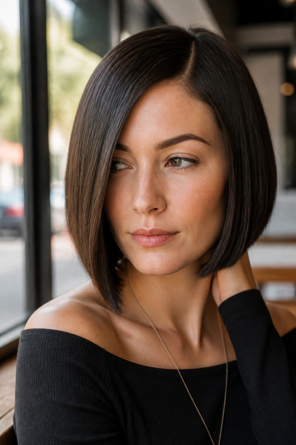 Close-up portrait of a woman with sleek glass bob and off-center part