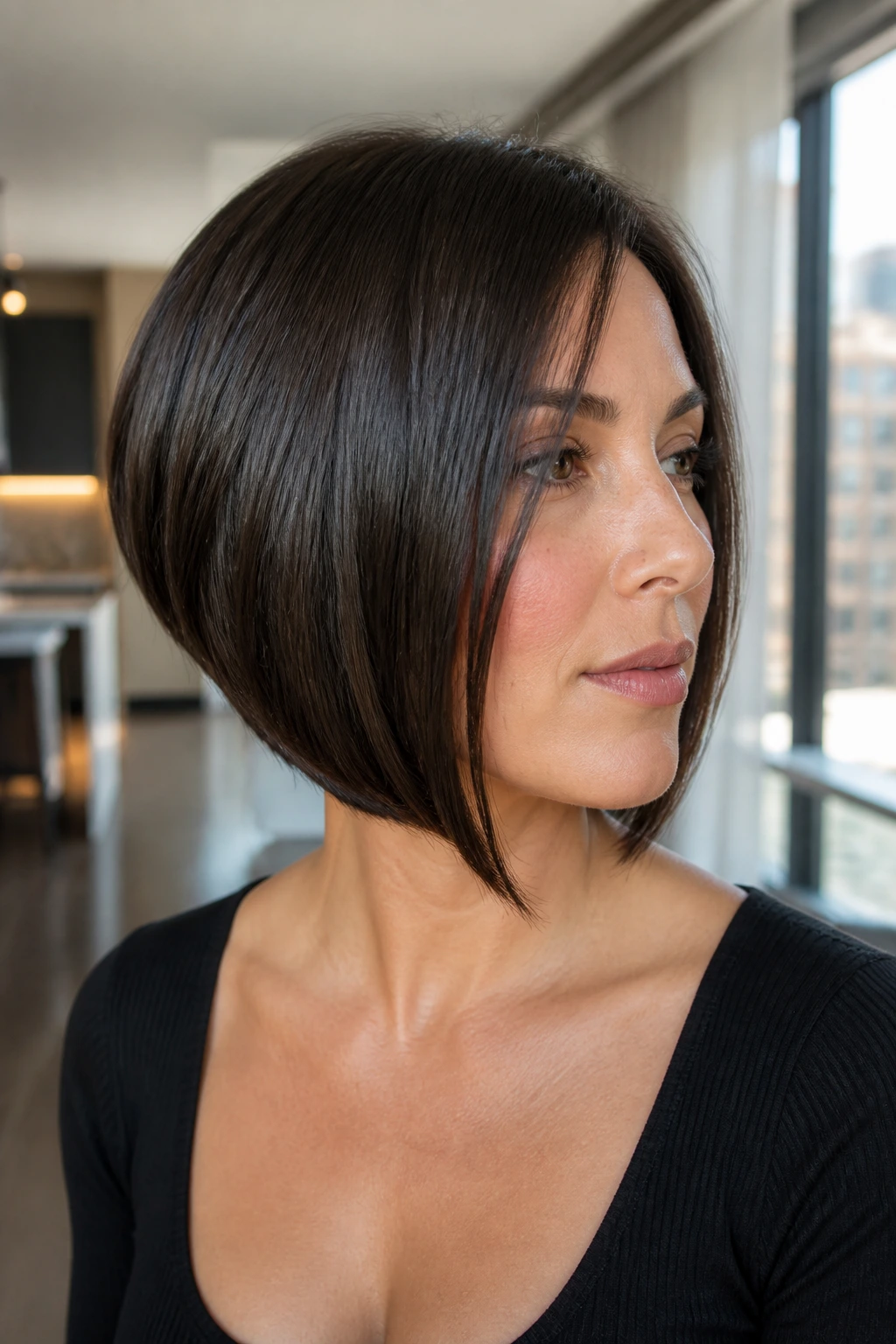 Close-up of a real woman with sleek graduated bob and glossy finish in a modern apartment.