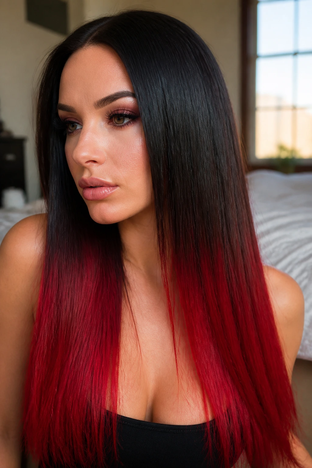 Close-up of a real woman with sleek, glossy black hair and scarlet ends