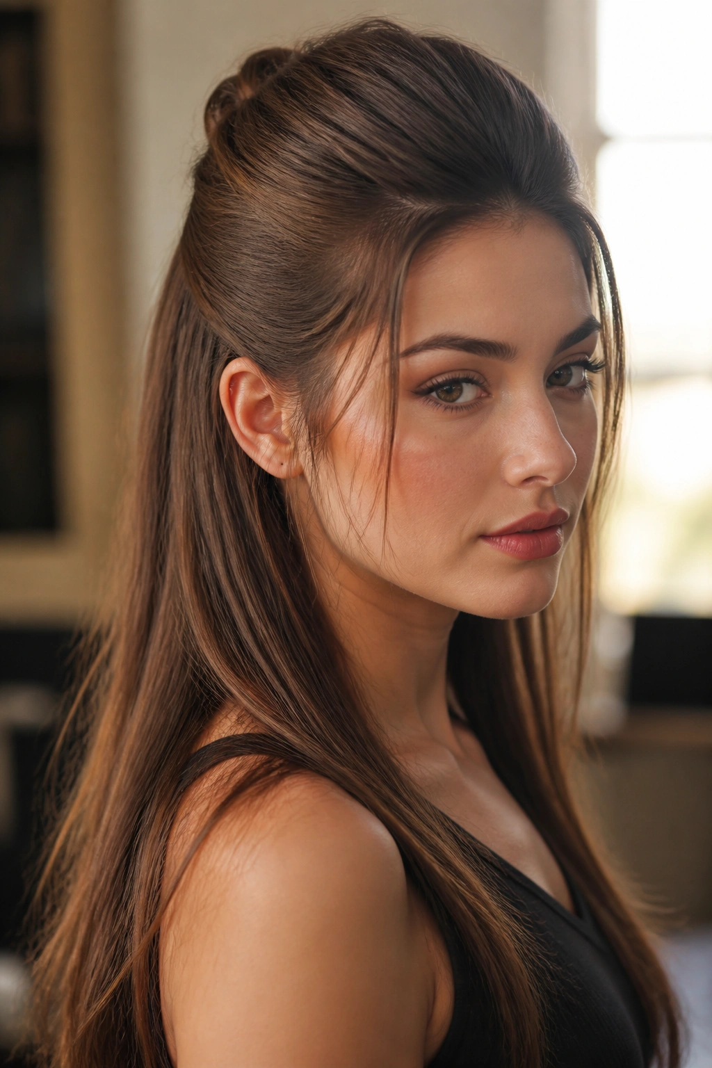 Close-up of a real woman with a sleek half pony and crown volume