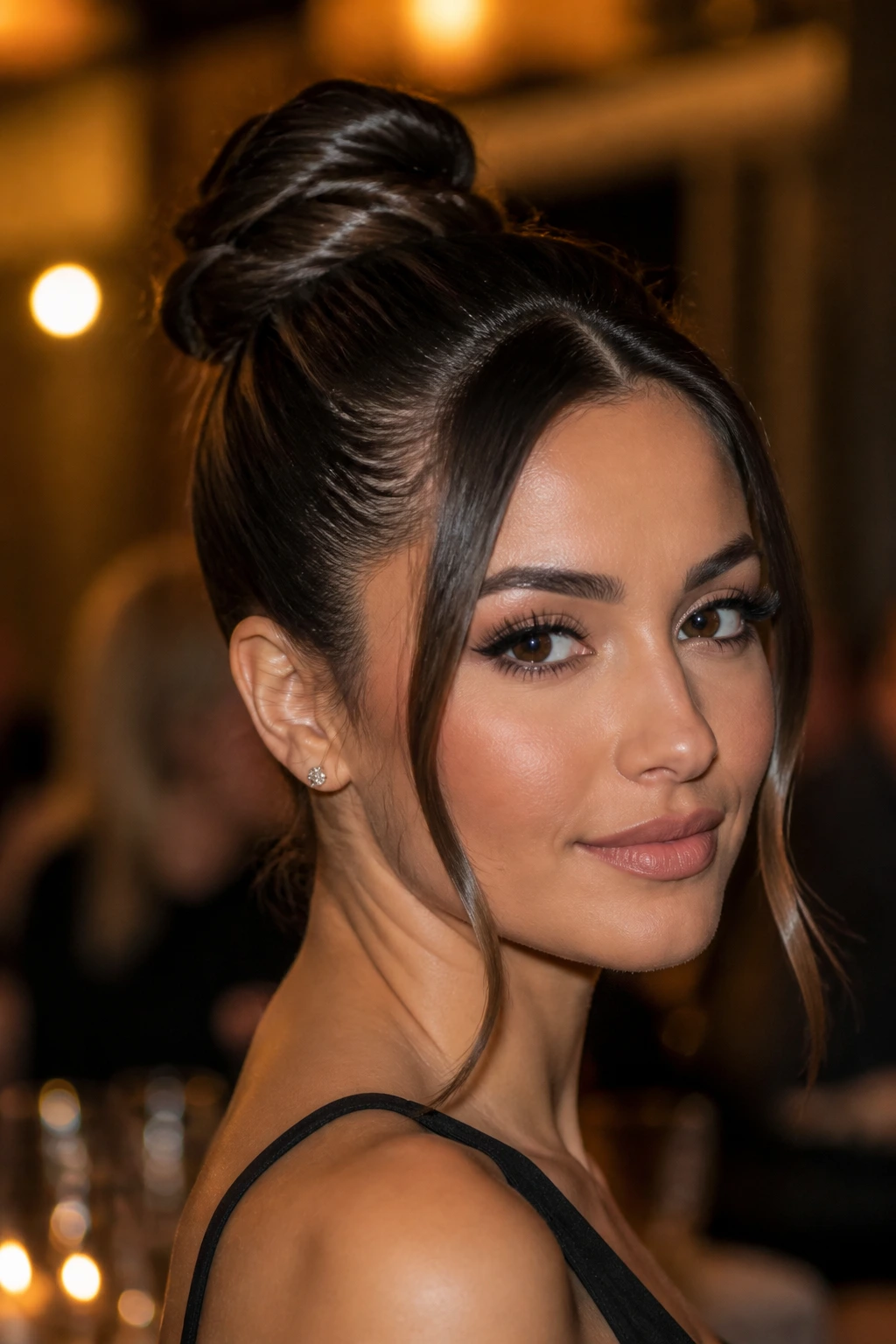 Close-up of sleek high bun with loose face pieces on a real woman.