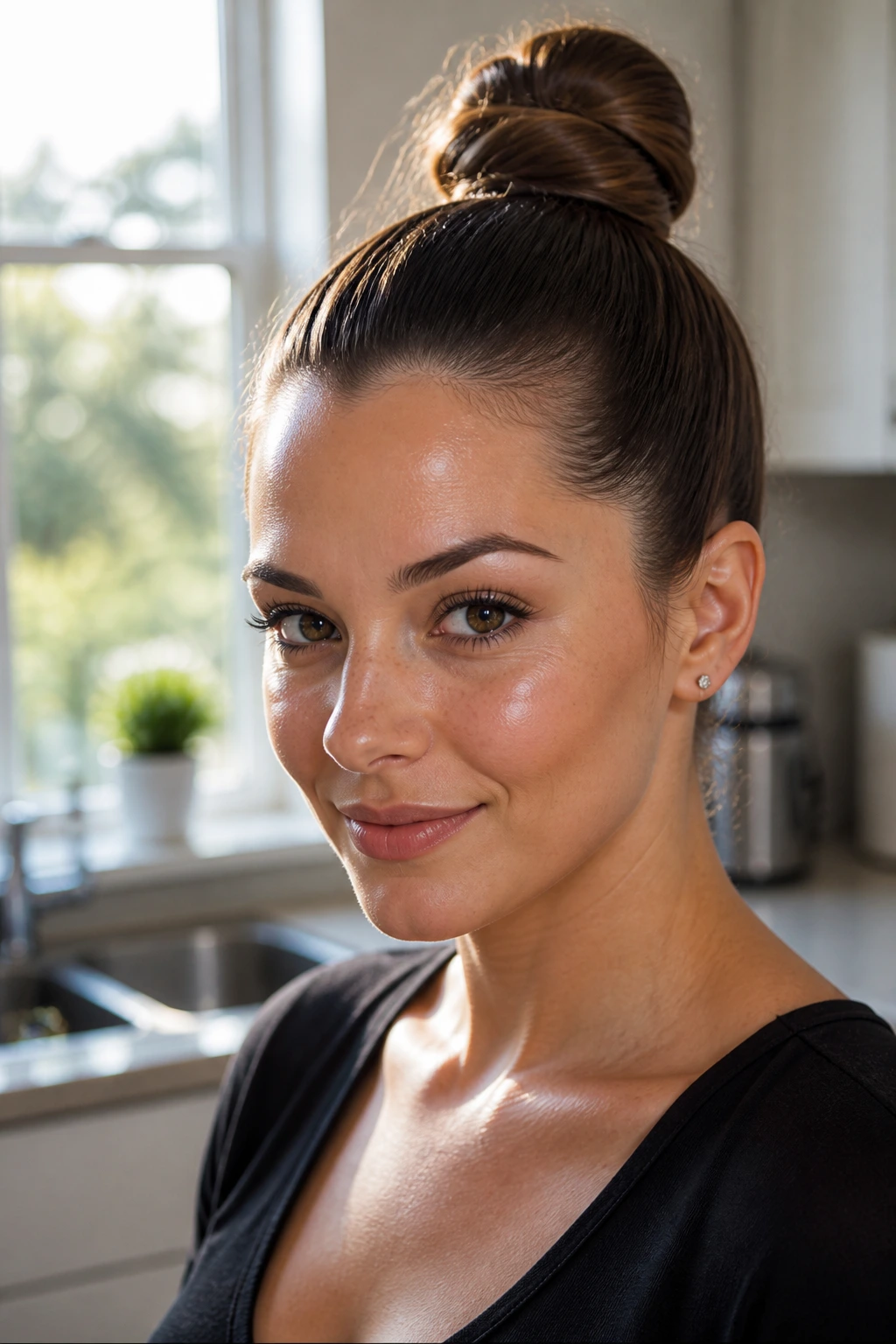 Close-up of a real woman with a sleek high bun in a sunlit kitchen
