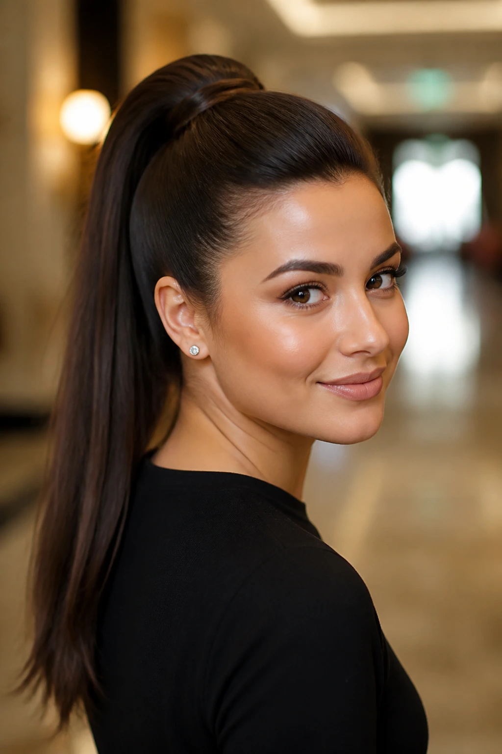 Close-up portrait of a woman with a sleek high ponytail and crown lift.