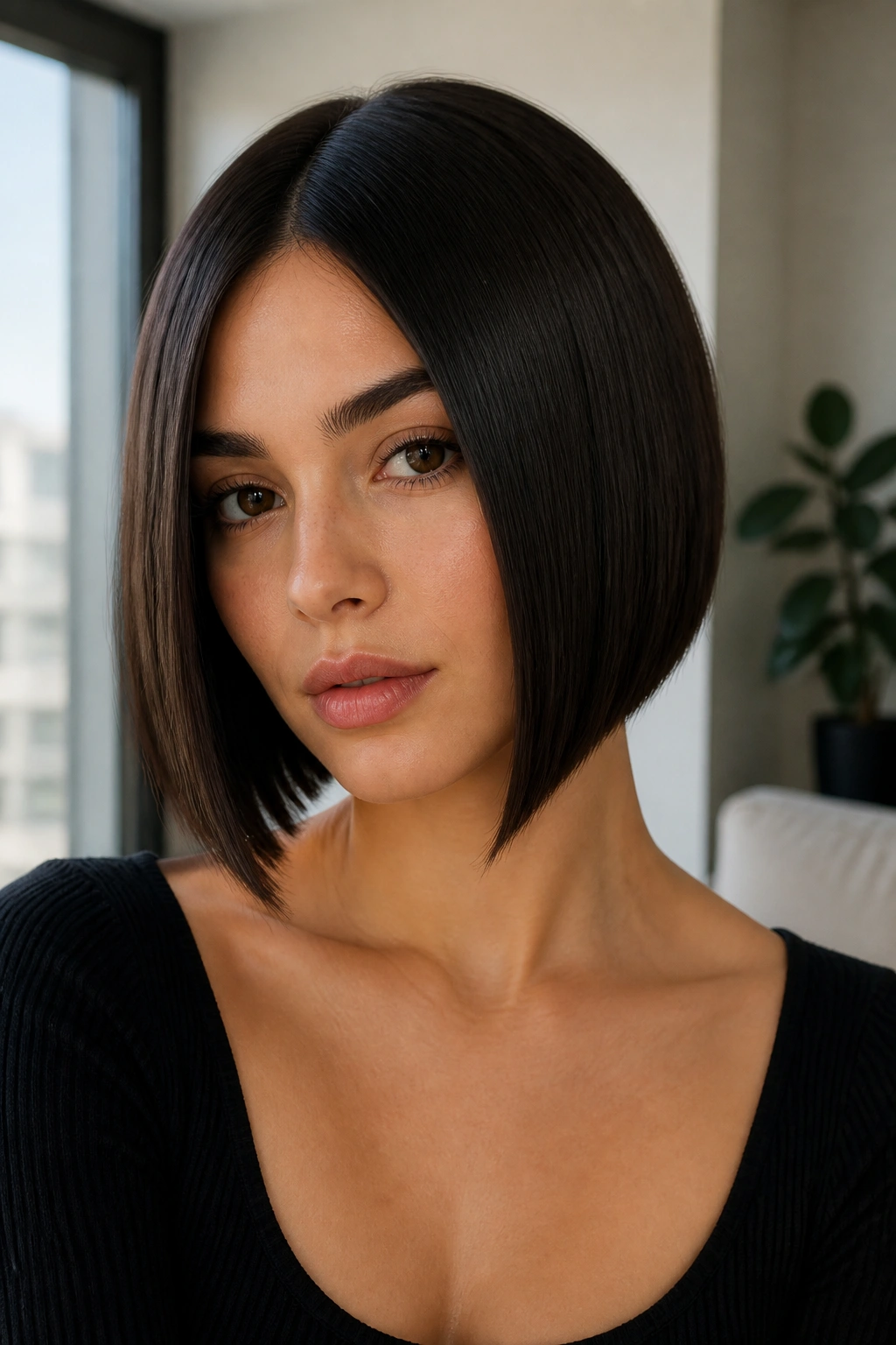 Close-up portrait of a real woman with sleek inverted bob and blunt perimeter