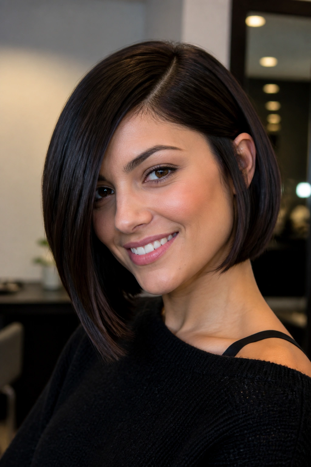 Close-up of real woman with sleek inverted bob and deep side part