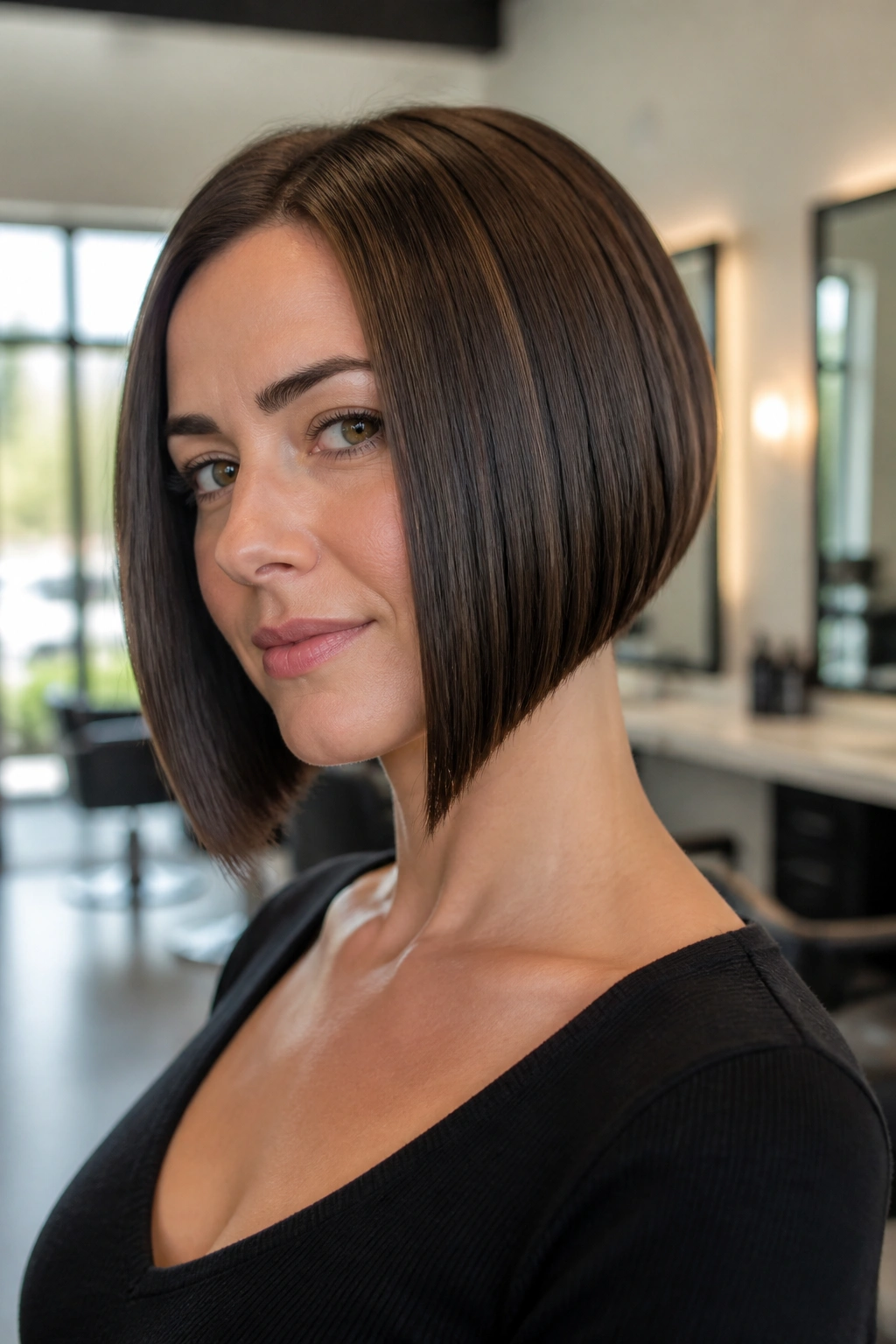 Close-up of a real woman with sleek inverted bob and sharp front line