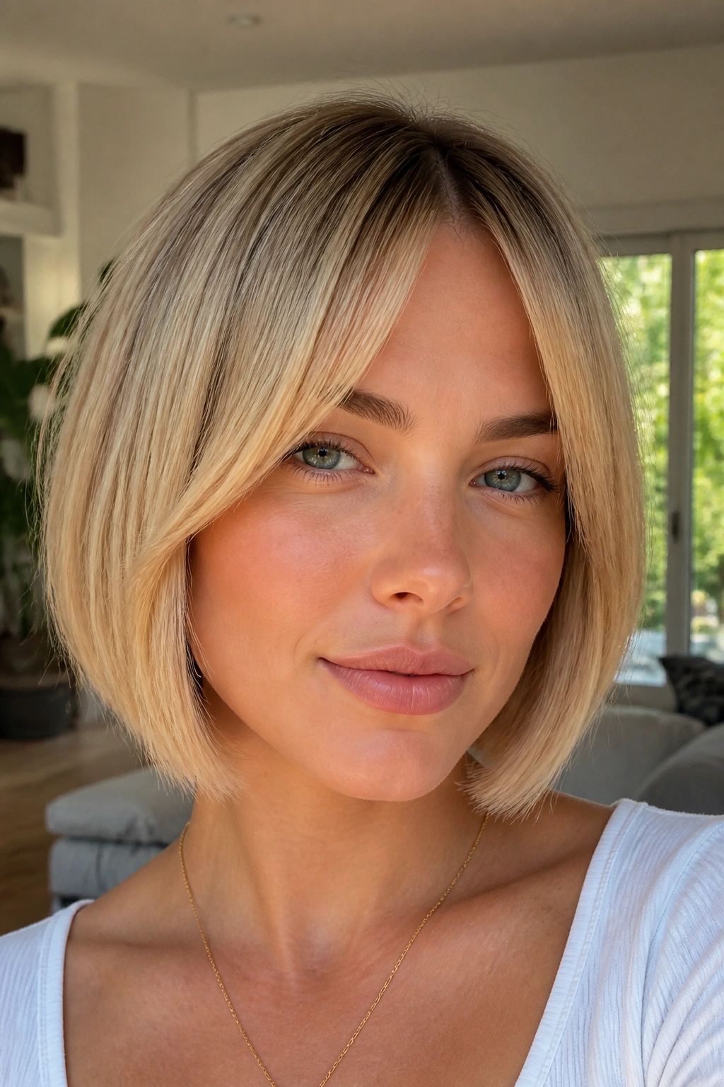 Close-up of a real woman with a sleek jaw-length bob and split fringe in pearl beige blonde