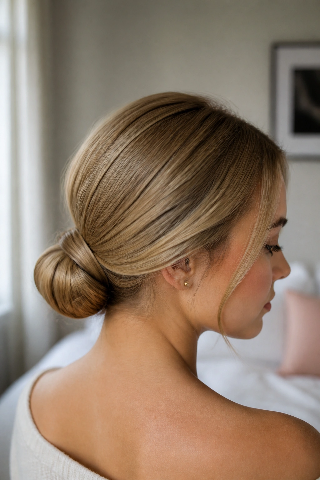 Close-up of a real woman wearing a sleek low knot chignon at the nape under soft natural light