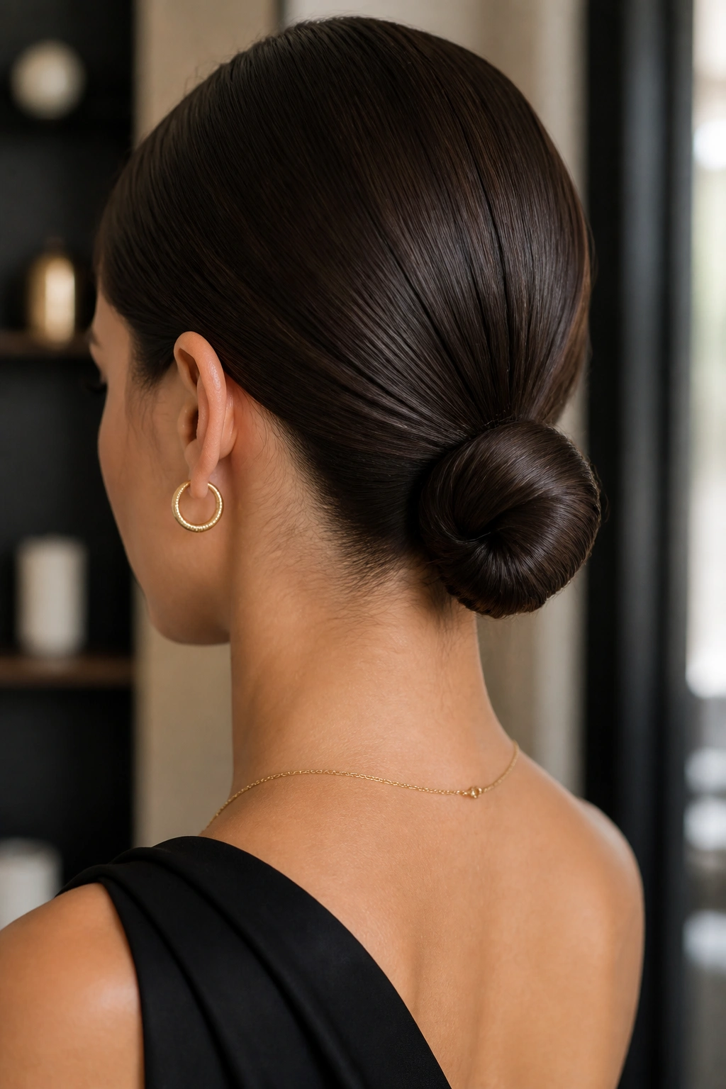Close-up of a woman with a sleek knot at the nape of the neck.