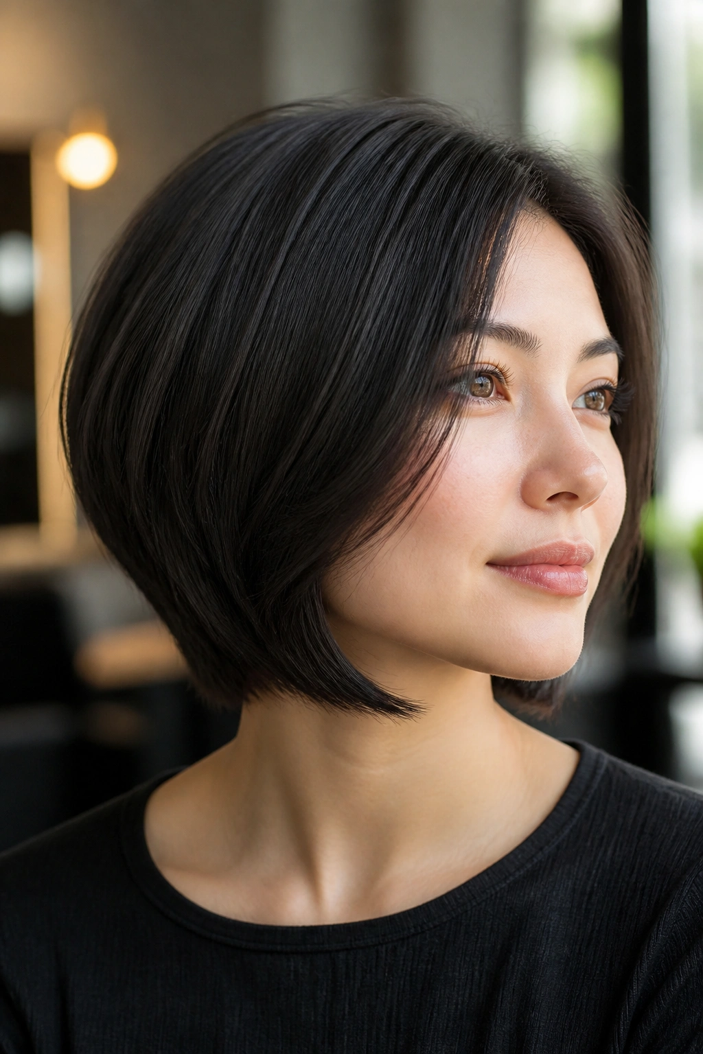 Close-up of a woman with a sleek layered bob featuring hidden graduation for a round face.
