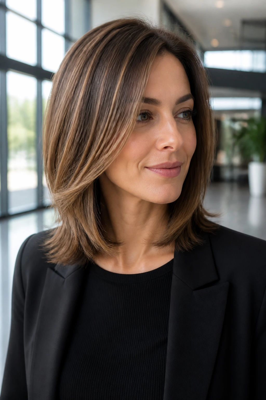 Close-up portrait of a woman with a sleek layered cut showing hidden movement underneath