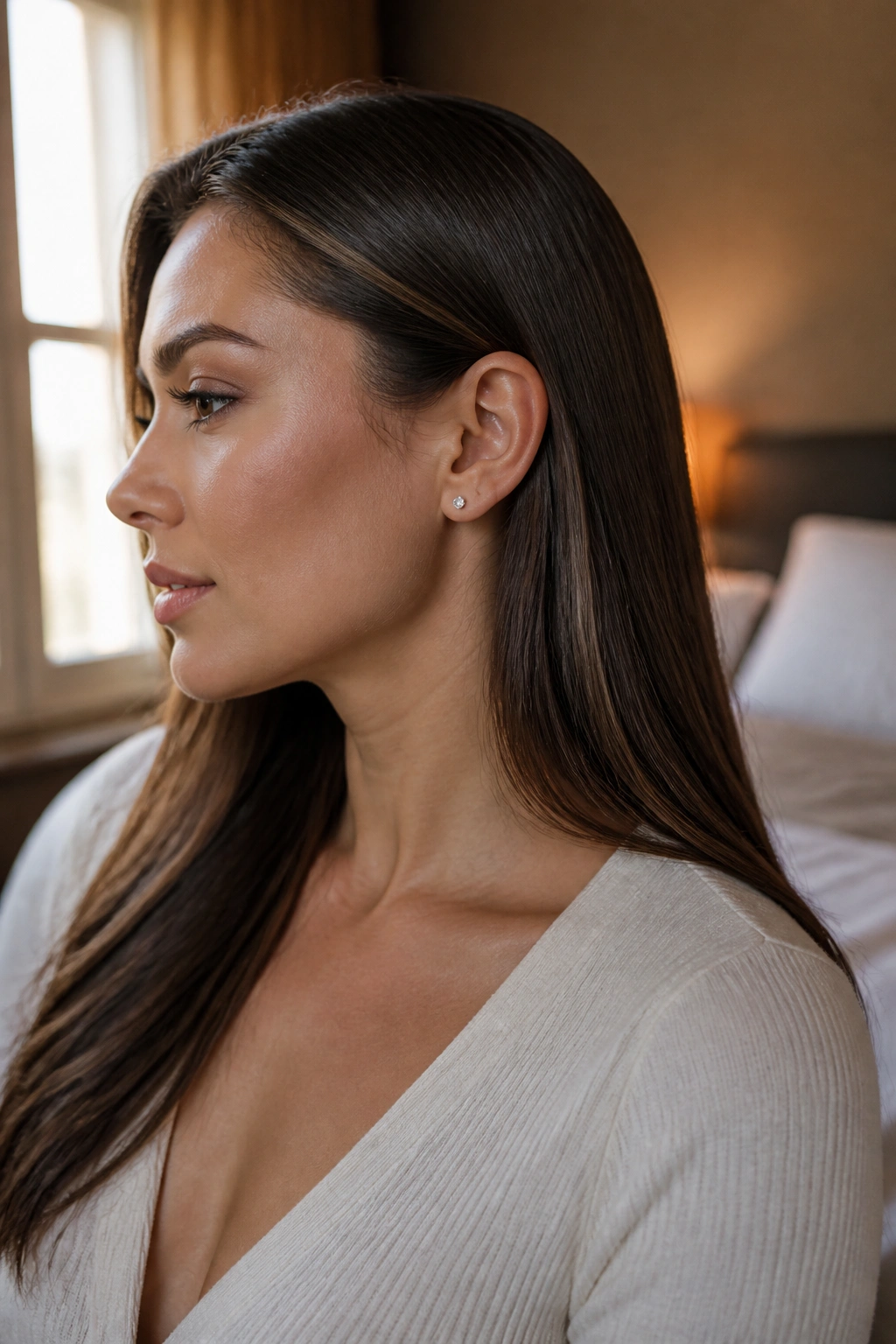 Profile of person with hair tucked behind the ear and sleek length.