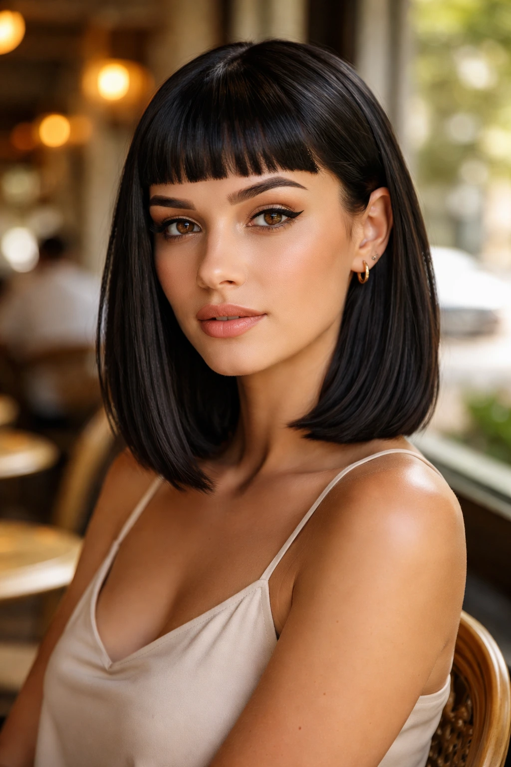Portrait of a real woman with bangs and a sleek lob, bright outdoor cafe light