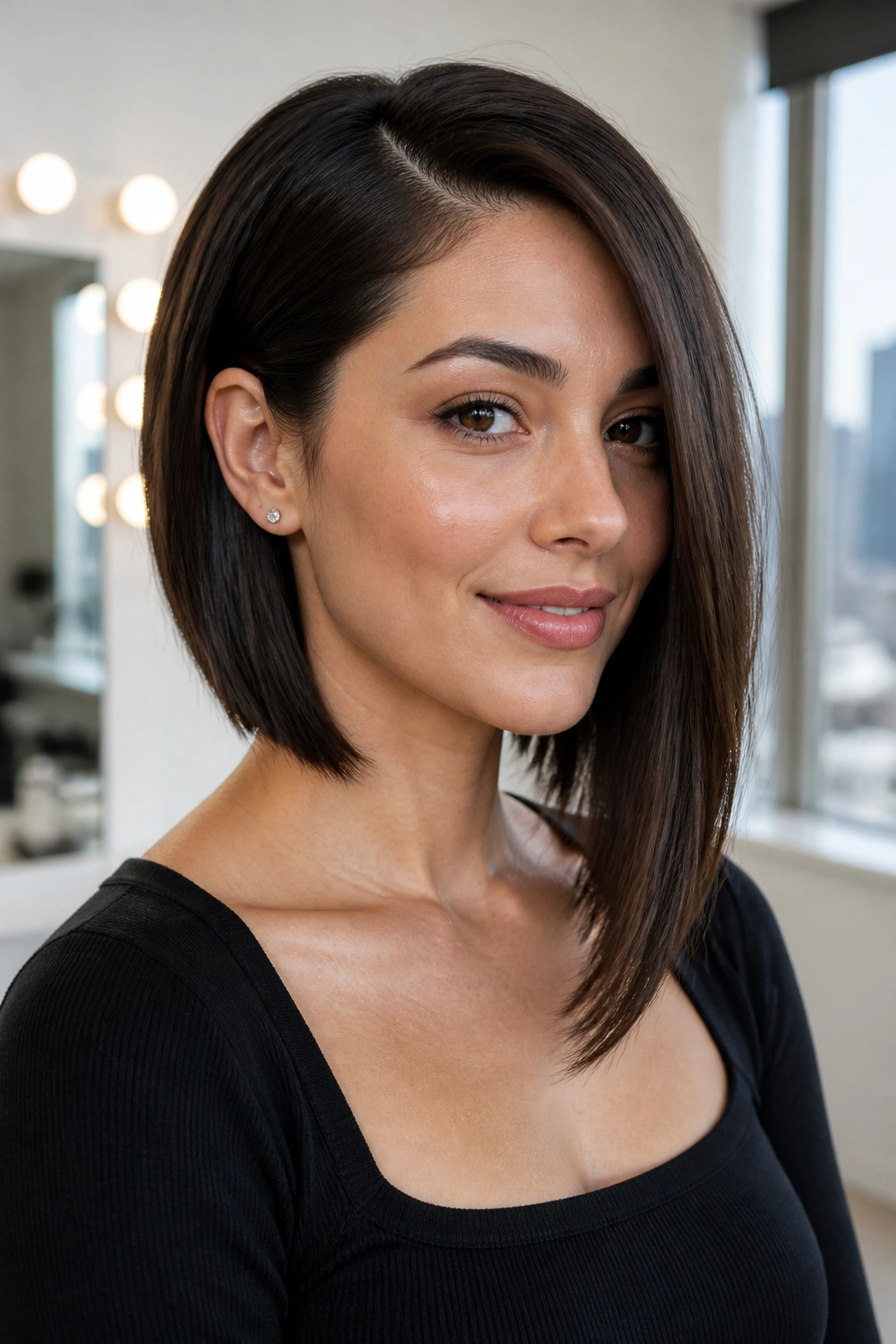 Close-up of a real woman with tucked-side sleek lob behind the ear