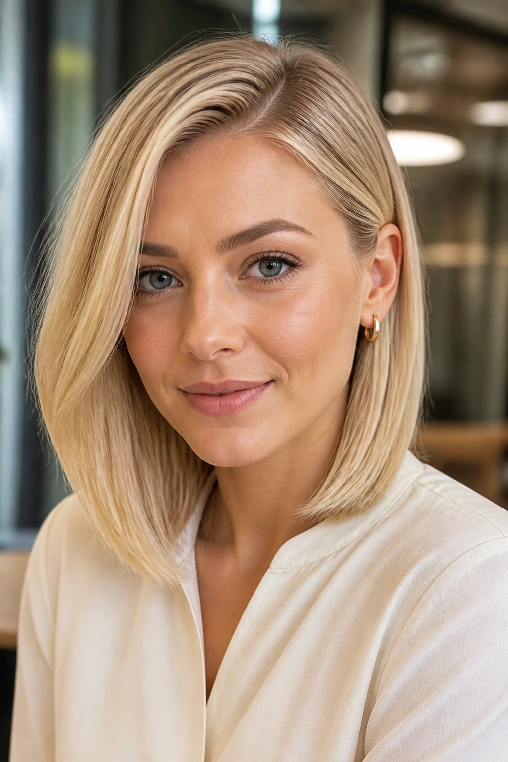Close-up of real woman with a sleek tuck-behind-ear lob in blonde tones
