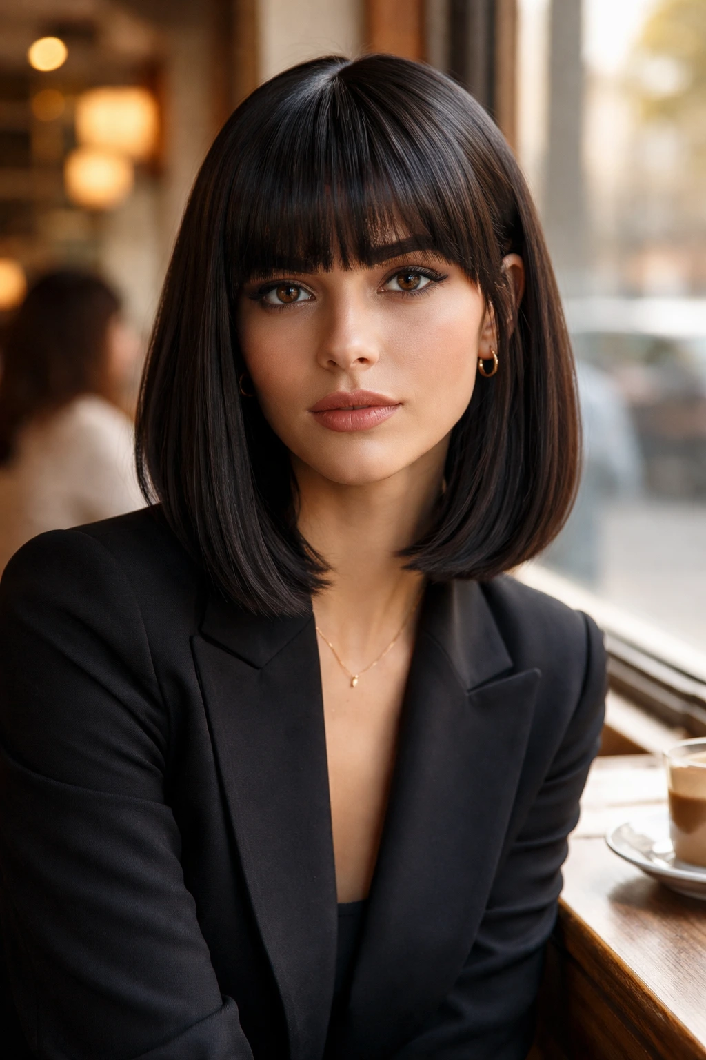 Portrait of real person with sleek lob and blunt bangs