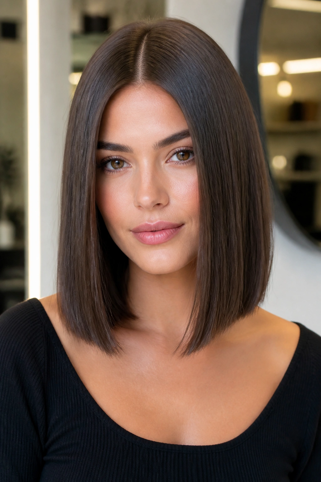 Real woman with sleek center-parted lob under bright lighting