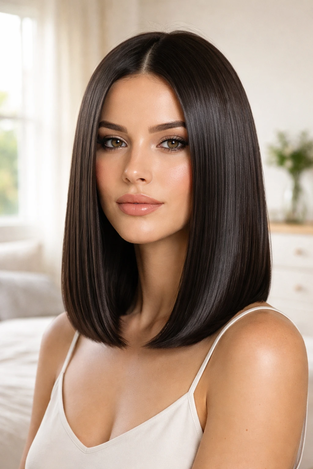 Close-up of a real woman with a sleek glassy one-length lob and high shine