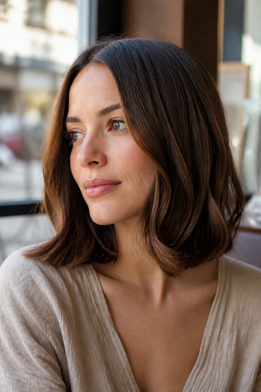 Close-up portrait of a woman with a sleek lob and soft bend at the ends, in a sunlit cafe setting.