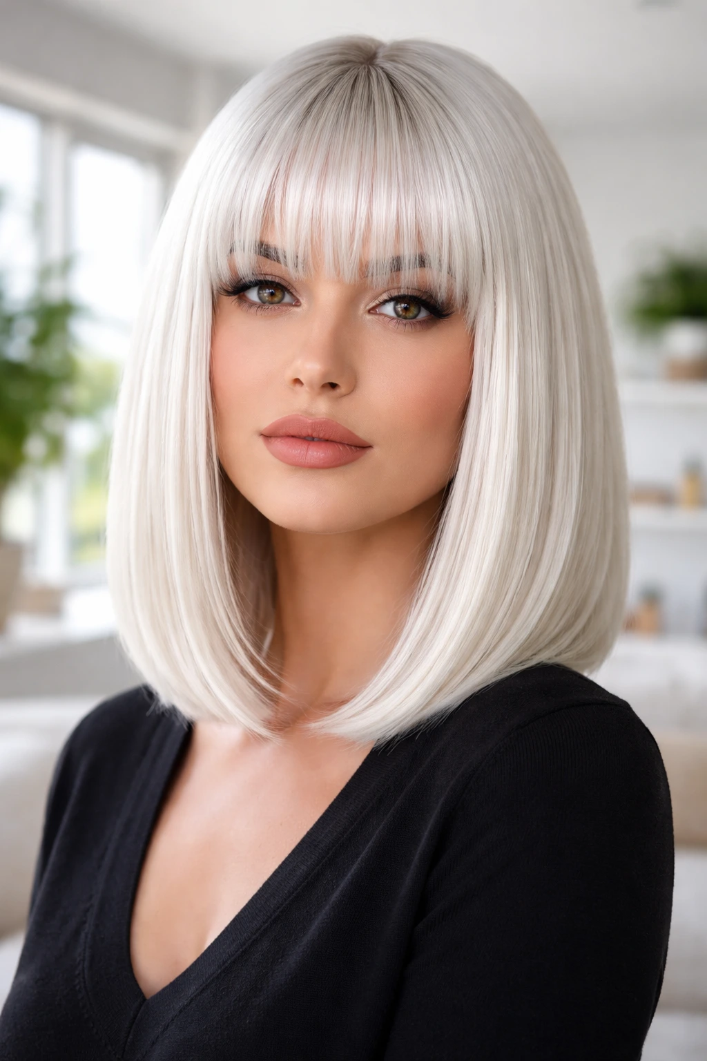Real woman with sleek white lob and heavy blunt fringe in a bright modern room