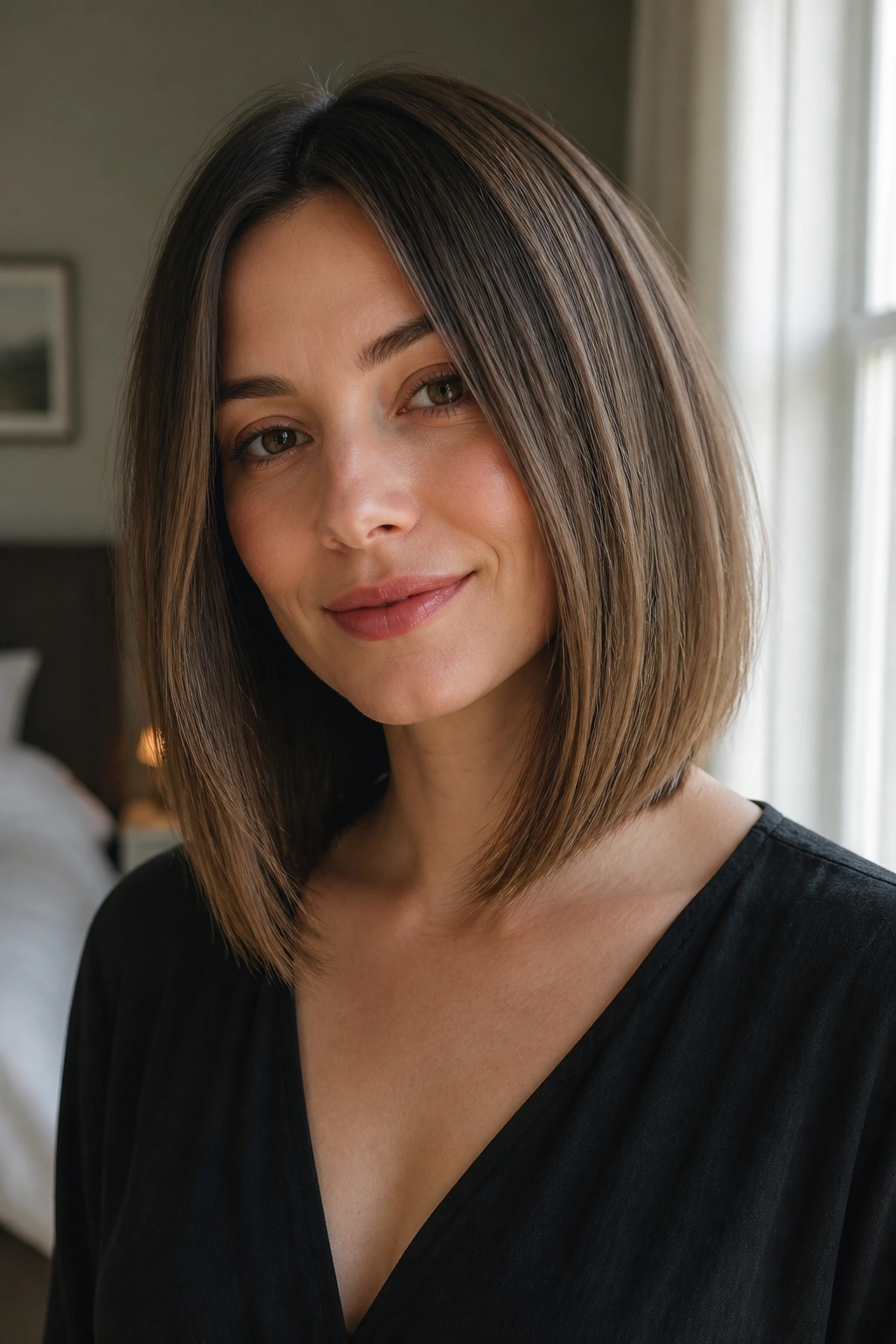 Close-up of a real woman with a sleek long bob and barely-there front layers under soft window light