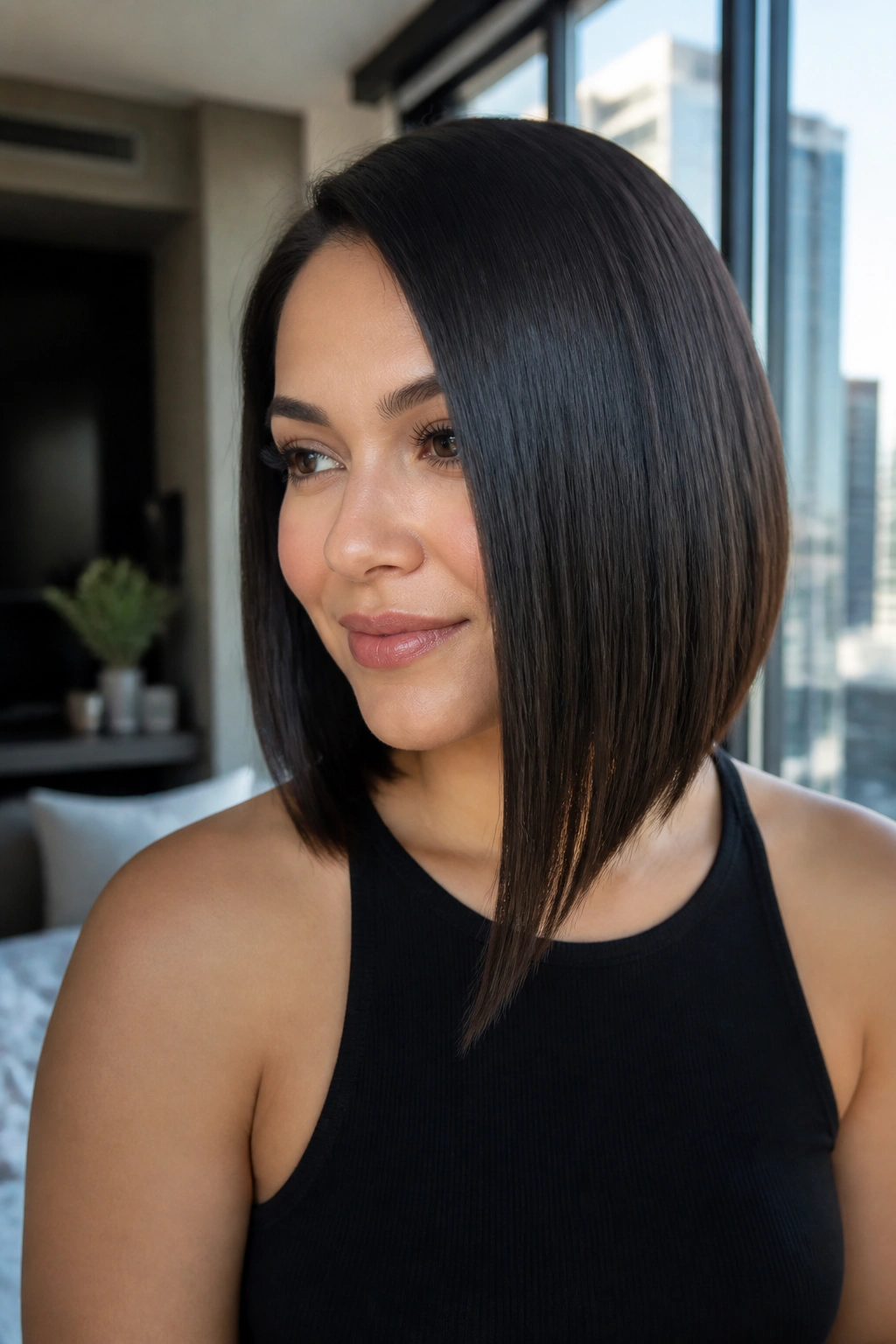 Real woman wearing sleek one-length lob with longer front corner