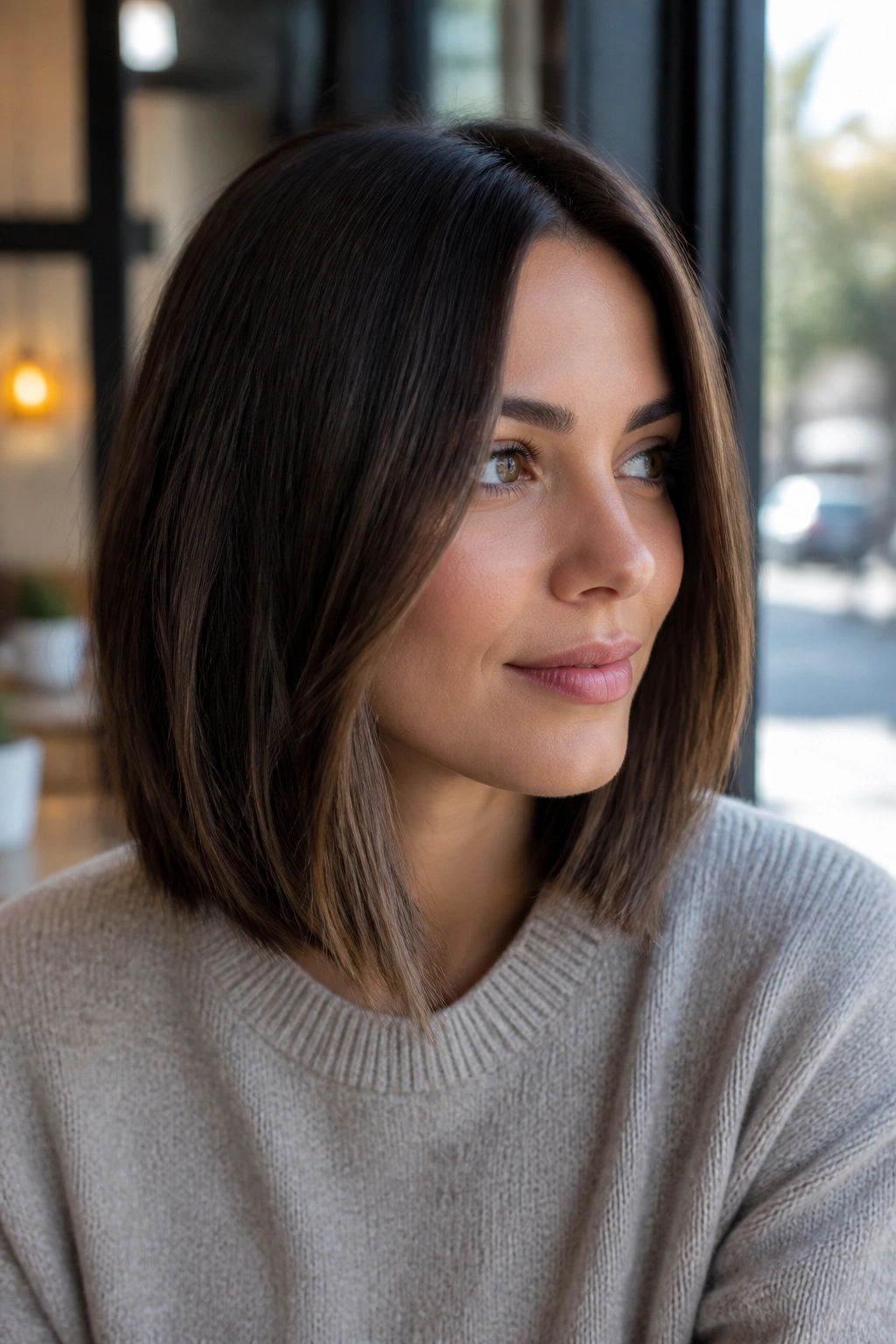 Portrait of a real woman with a sleek lob and low-contrast balayage