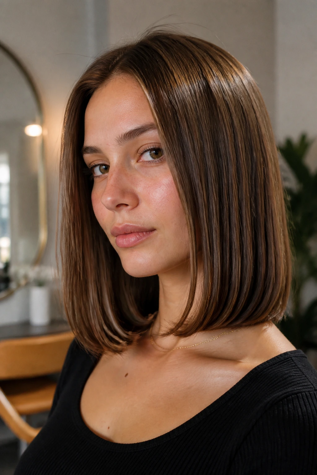 Close-up portrait of a real person with a sleek lob and tucked ends in a modern interior.
