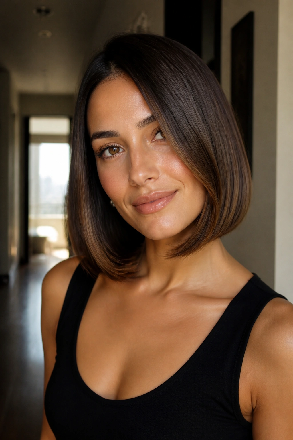 Close-up of a real woman with a sleek lob and tucked-in ends.
