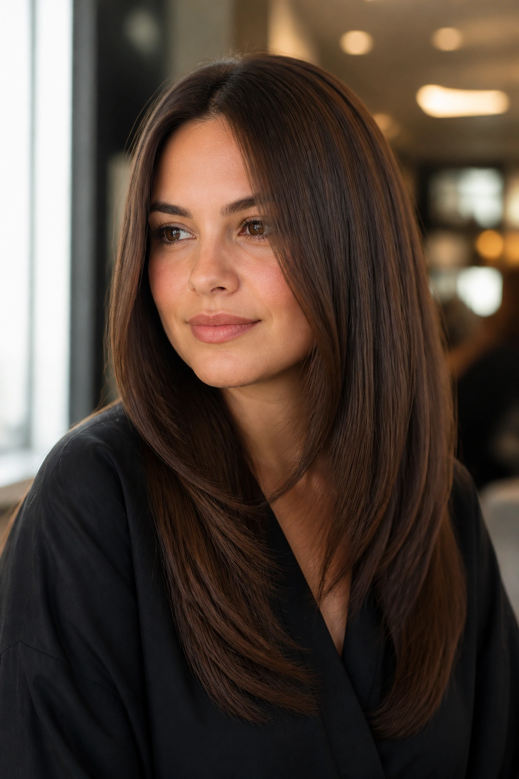 Close-up of a real woman with a sleek long brown cut and face-framing pieces starting below the chin, in warm natural light.