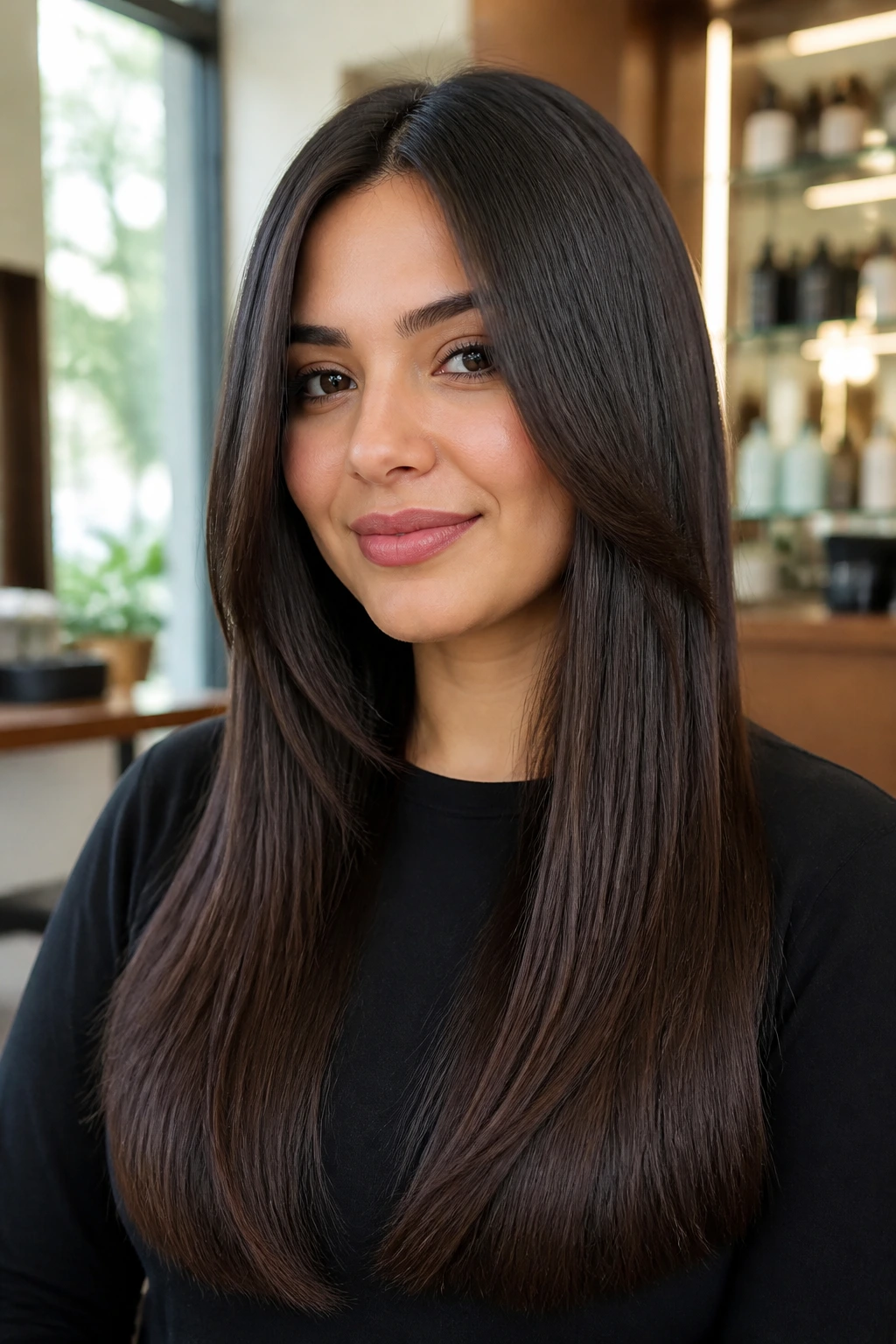 Close-up portrait of a real woman with sleek long hair and face-framing layers.