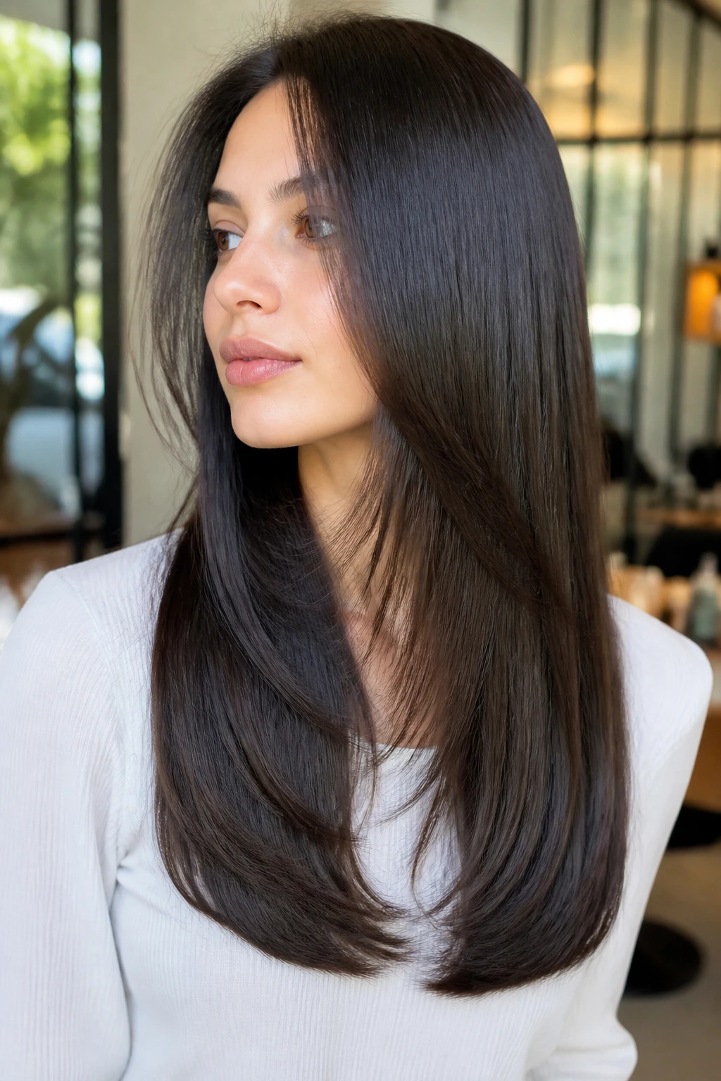 Real woman with sleek long hair showing internal layers, natural daylight in a modern salon.