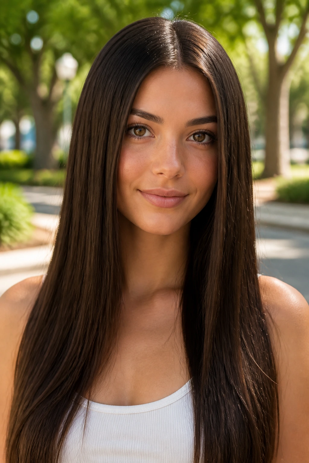 Real person with long sleek hair parted center and glossy finish.