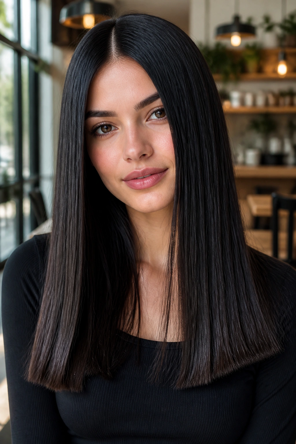 Portrait of a woman with sleek center-parted long hair and clean hemline.
