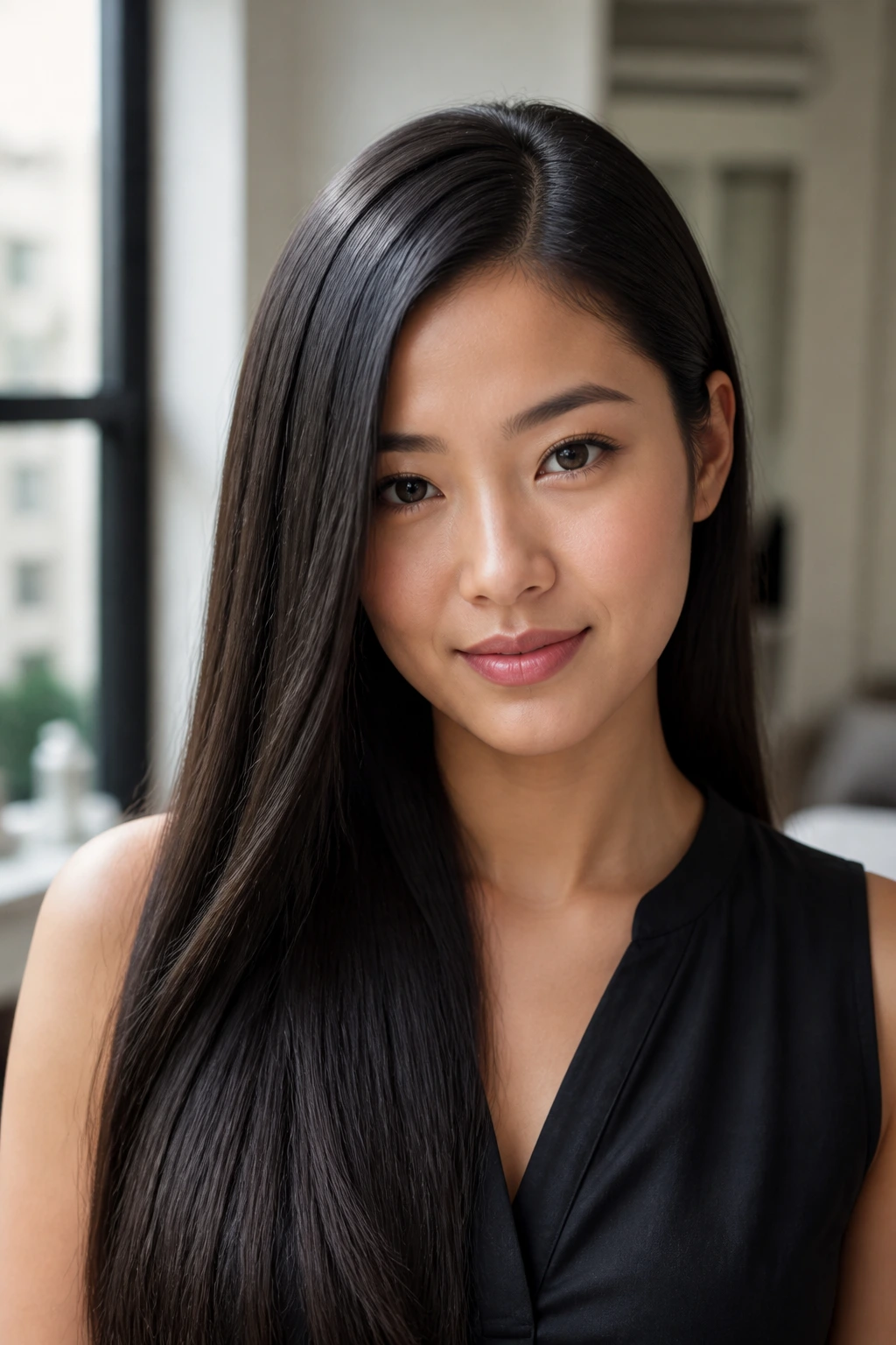 Real person with sleek long cut and off-center part, close-up portrait