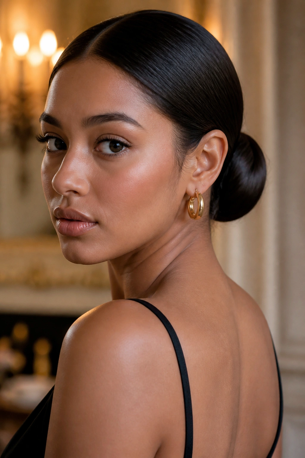 Portrait of a real woman with a sleek low bun at the nape
