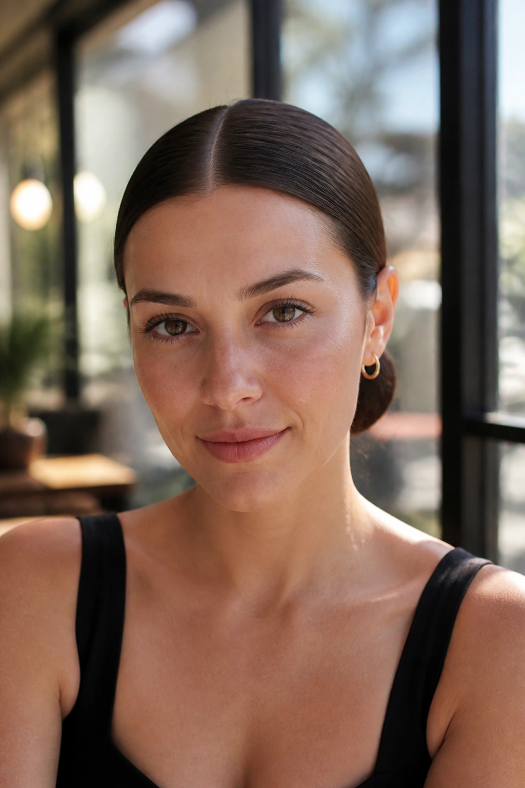 Close-up portrait of a real woman with a sleek low bun and center part in a cafe setting