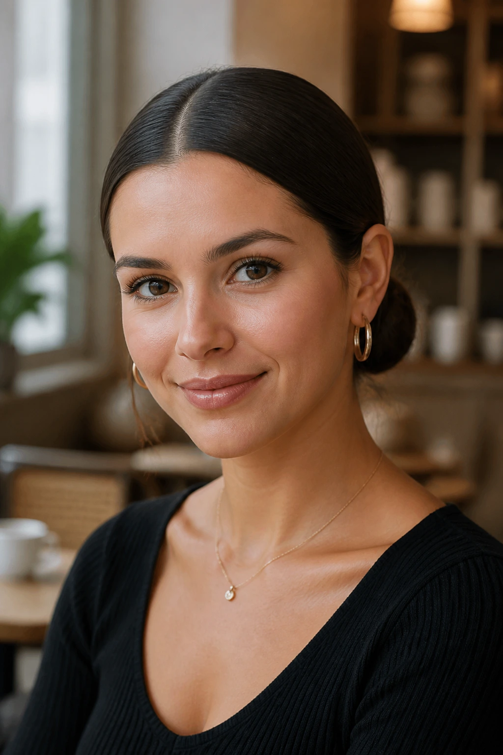 Portrait of a real woman with a sleek low bun and center part