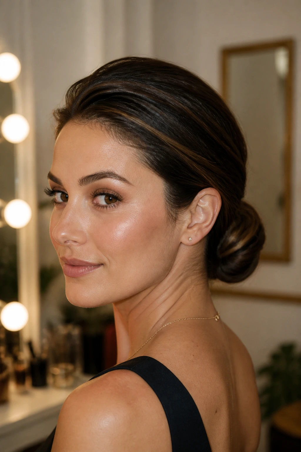 Close-up of real woman with sleek low bun and crown lift