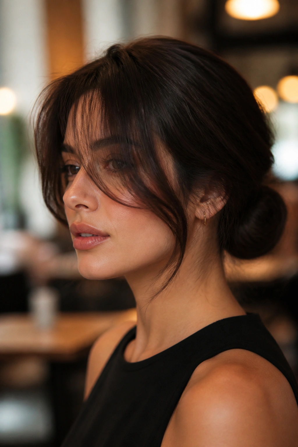 Close-up portrait of a woman with a sleek low bun and loose French fringe, warm indoor lighting