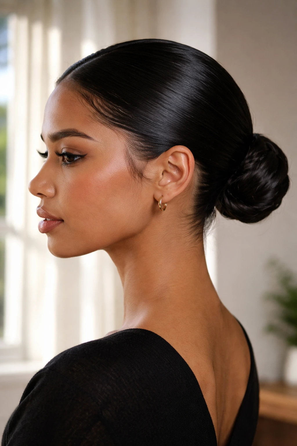 Close-up of a real person with a sleek low bun at the nape.