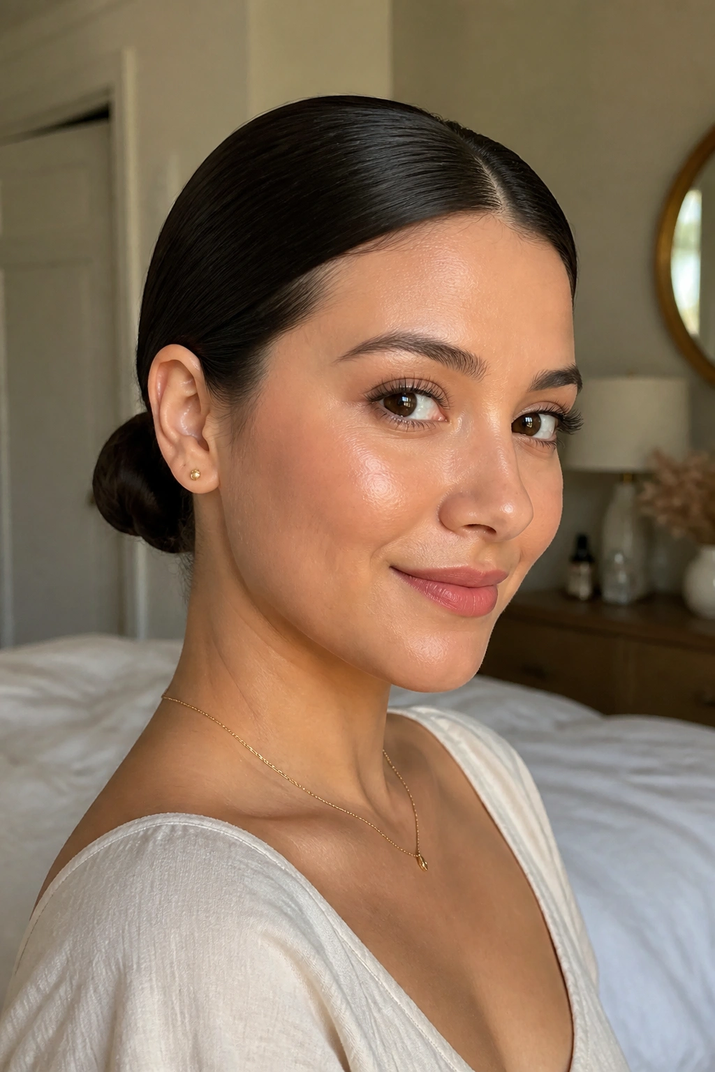 Close-up of a real woman with a sleek low bun at the nape