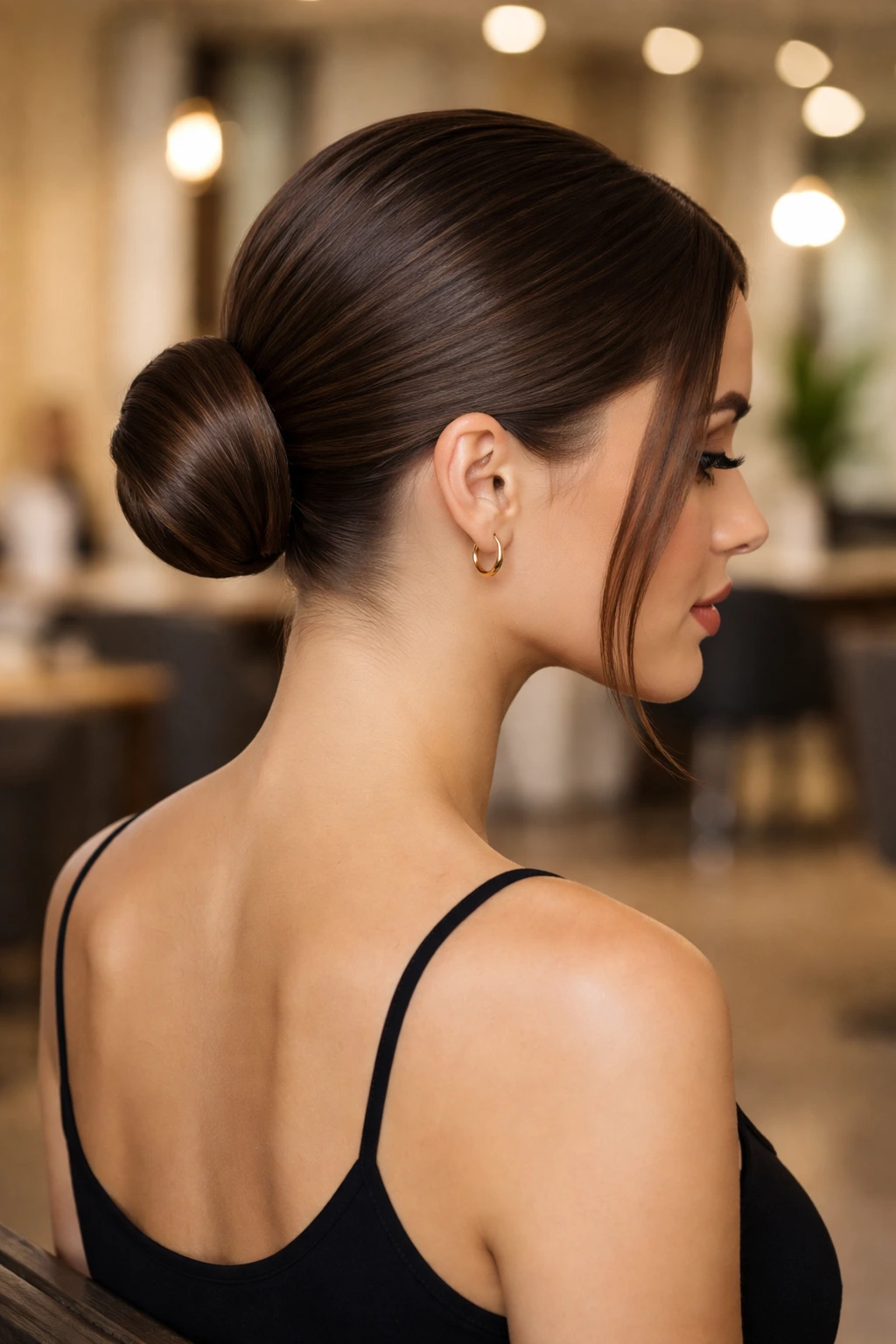 Close-up of a real woman with a sleek low bun at the nape in a chic salon setting.