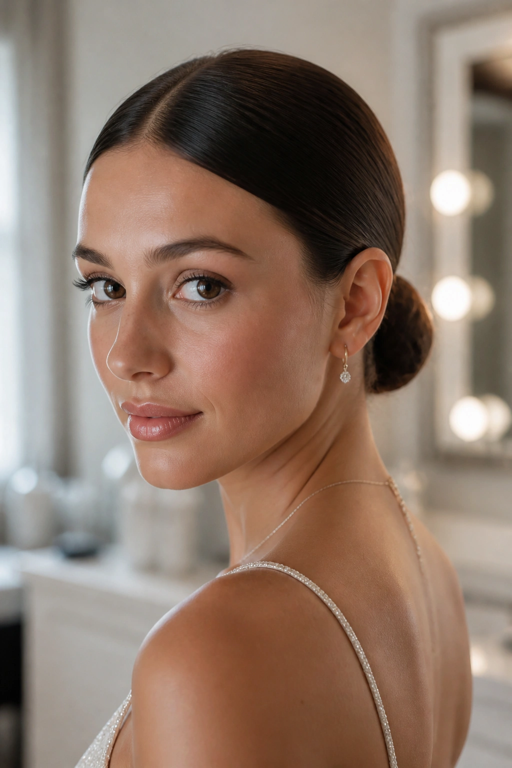 Real woman with sleek low bun and middle part in soft dressing room light