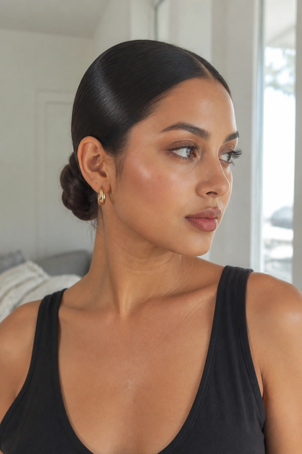 Close-up of a woman with a sleek low bun at the nape of the neck