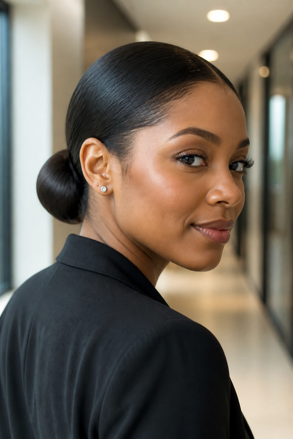 Close-up of a woman with a sleek low bun in a modern hallway