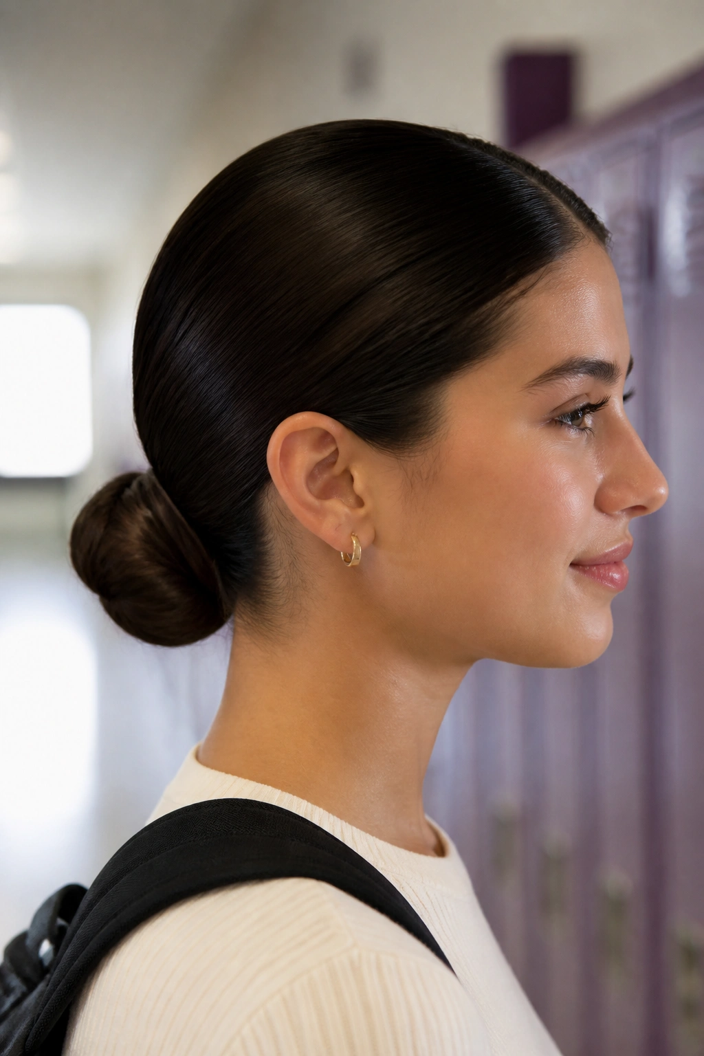 Close-up portrait of a real student with a sleek low bun.