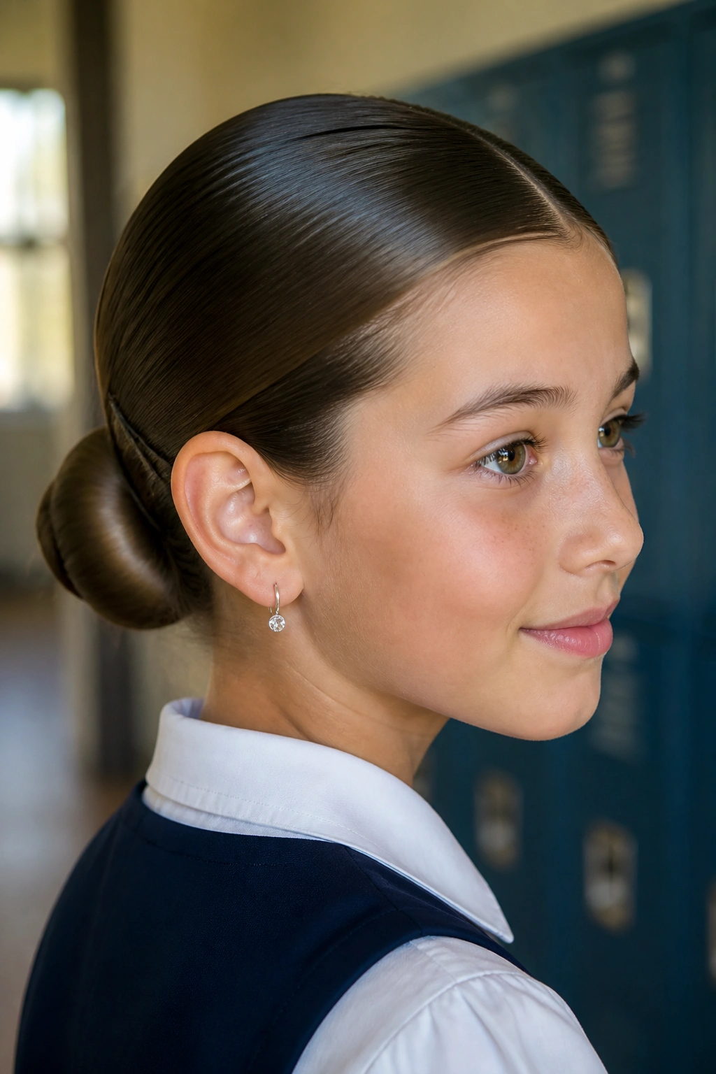 Close-up of a real girl with a sleek low bun at the nape in a school hallway.